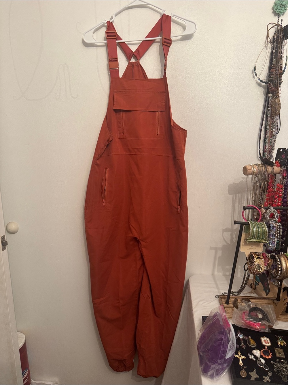 Rust-Orange Utility Bib Jumpsuit with Zip Pockets